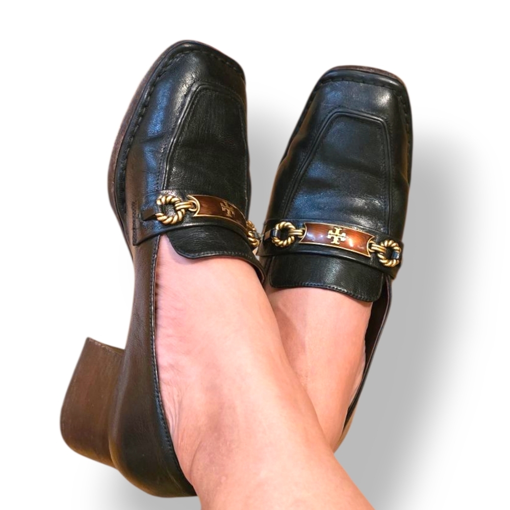 Tory Burch Womens Perrine Leather Square Toe Loafer Heels